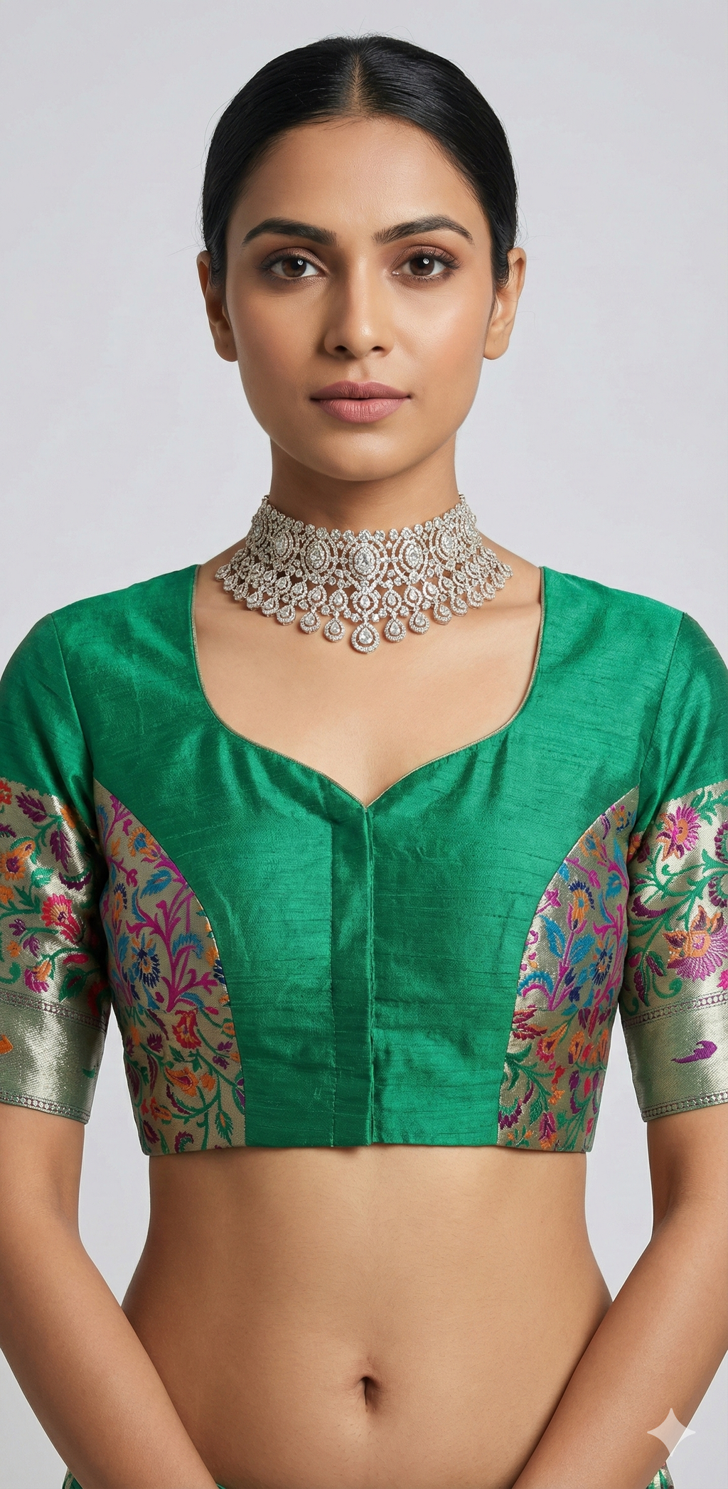Green raw silk and paithani blouse