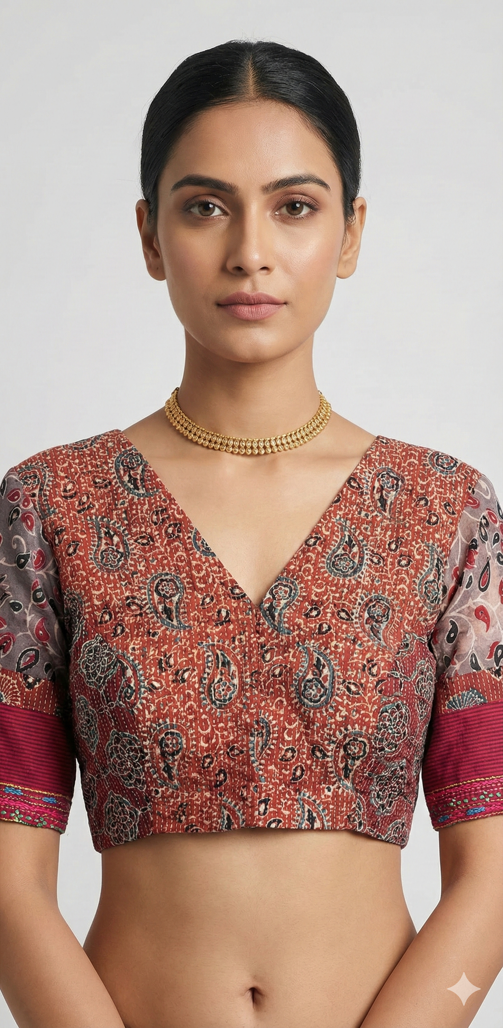 Maroon Ajrakh blouse with lambani work on back neck