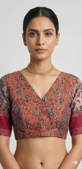 Maroon Ajrakh blouse with lambani work on back neck