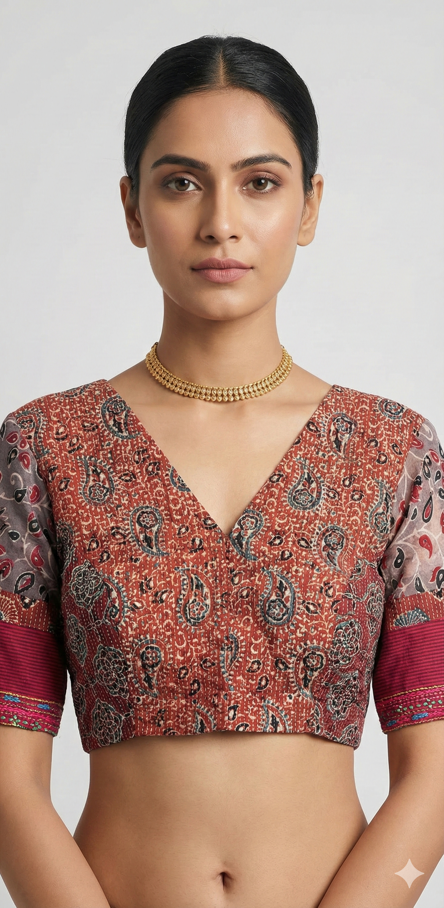 Maroon Ajrakh blouse with lambani work on back neck
