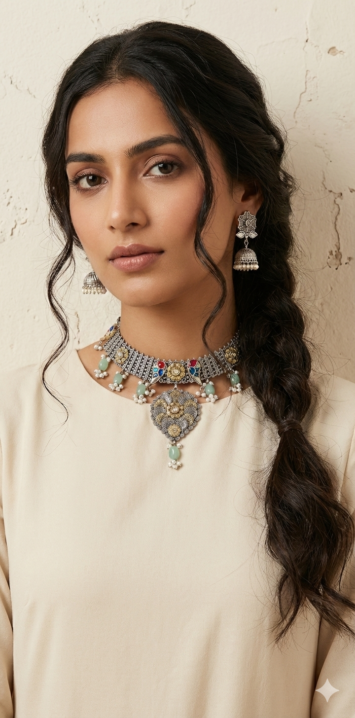 Dual tone necklace with jhumka