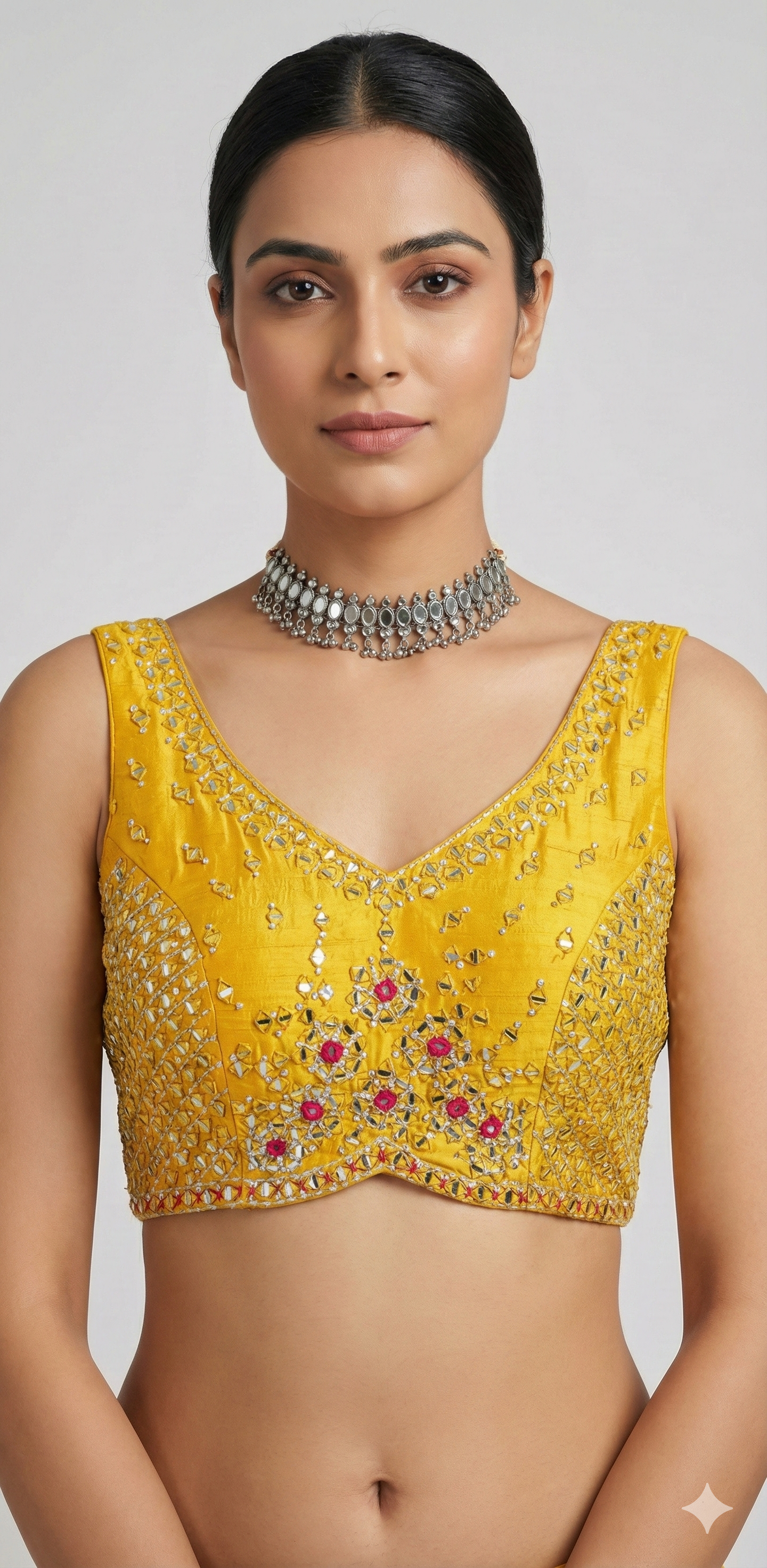 Yellow designer blouse with mirror work