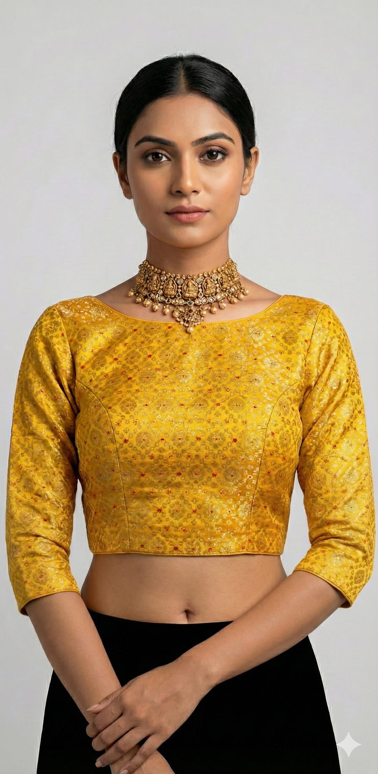 Yellow brocade crop top with full sleeves