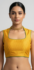 Yellow pure silk blouse with red and green thread weave