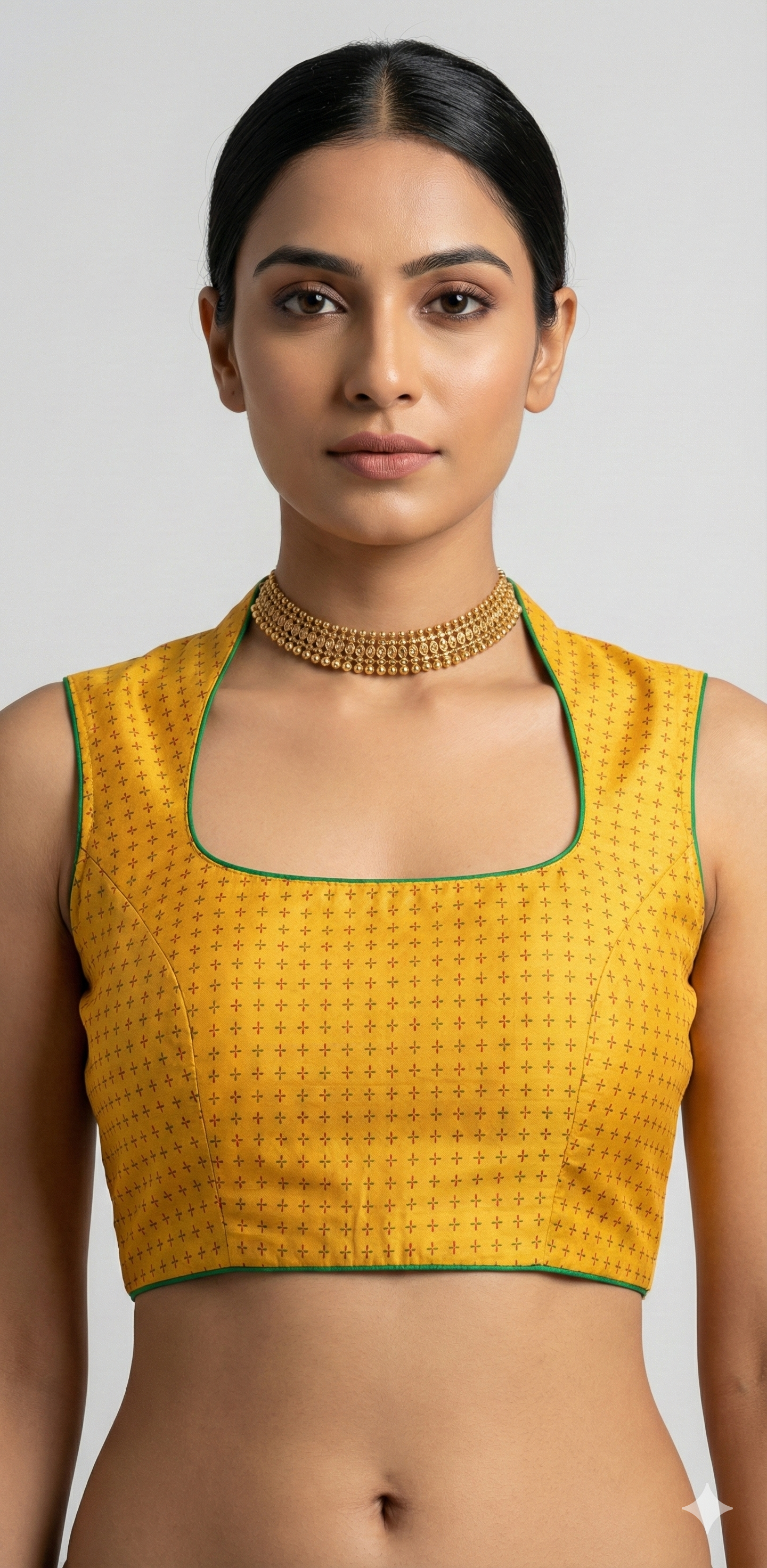Yellow pure silk blouse with red and green thread weave