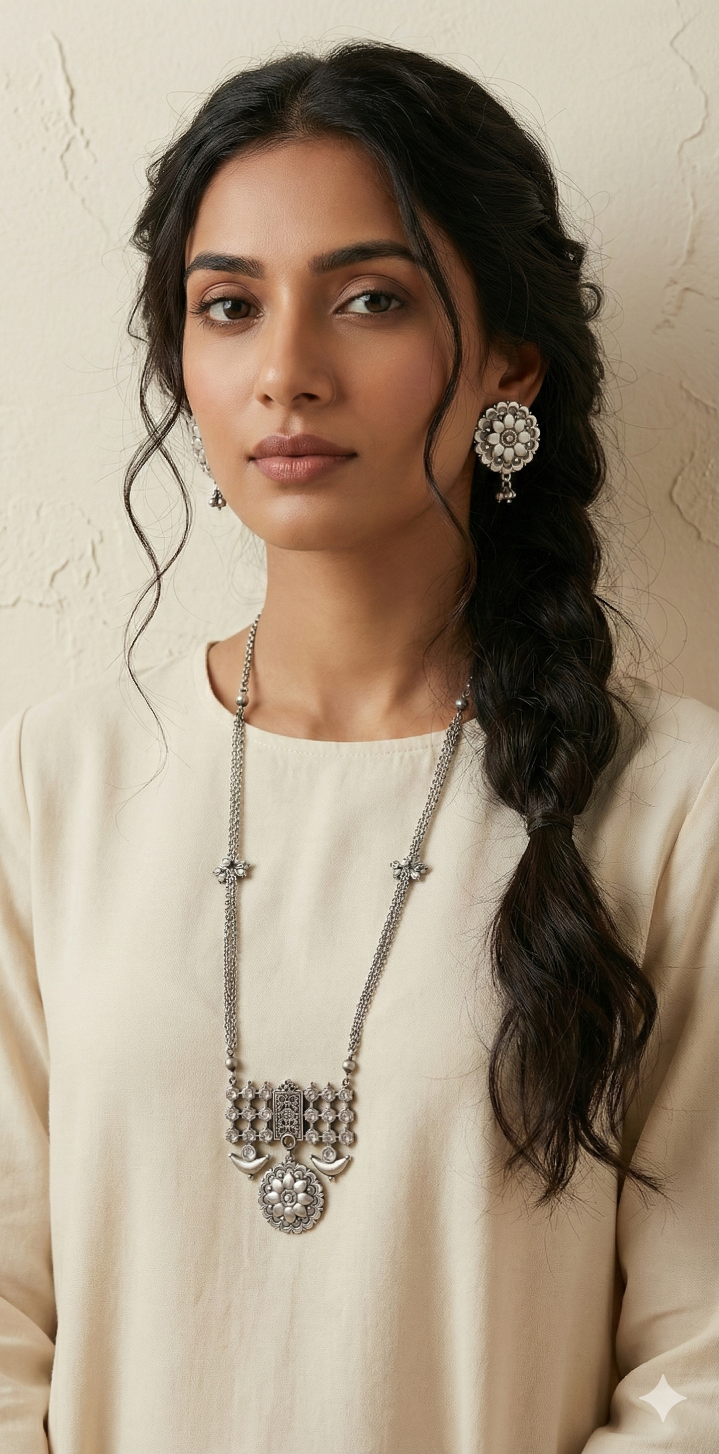 Silver replica necklace and earring - with white stone