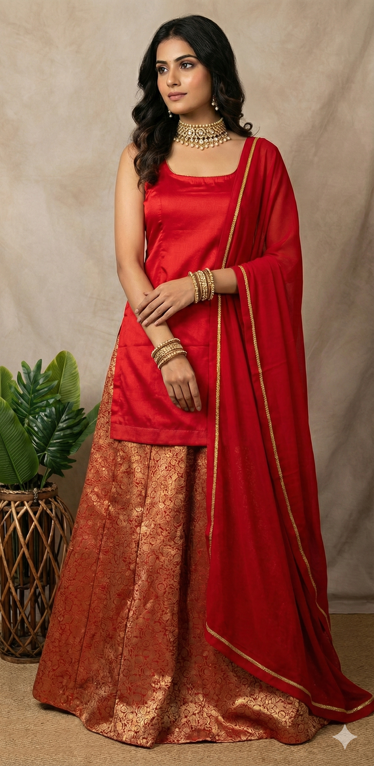 Red silk short kuti with Banarsi brocade flared palazzo