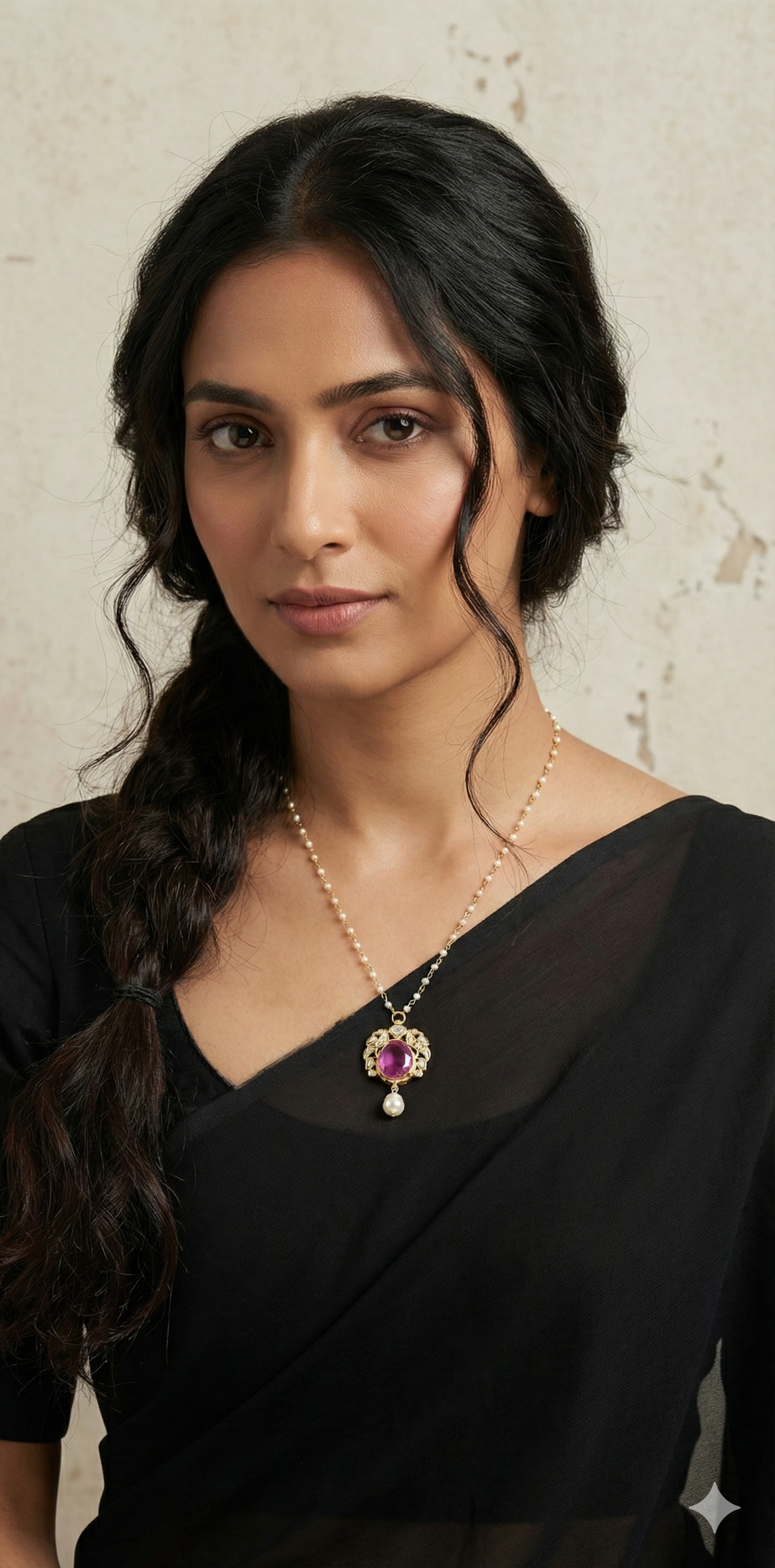Jadu kundan stone snf purple stone with pearl chain