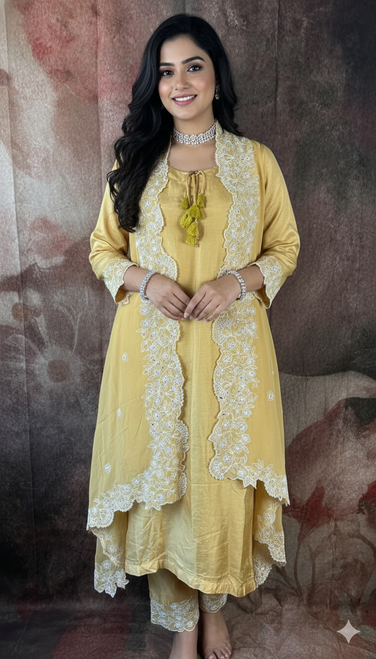 Silk kurti set with organza shrug