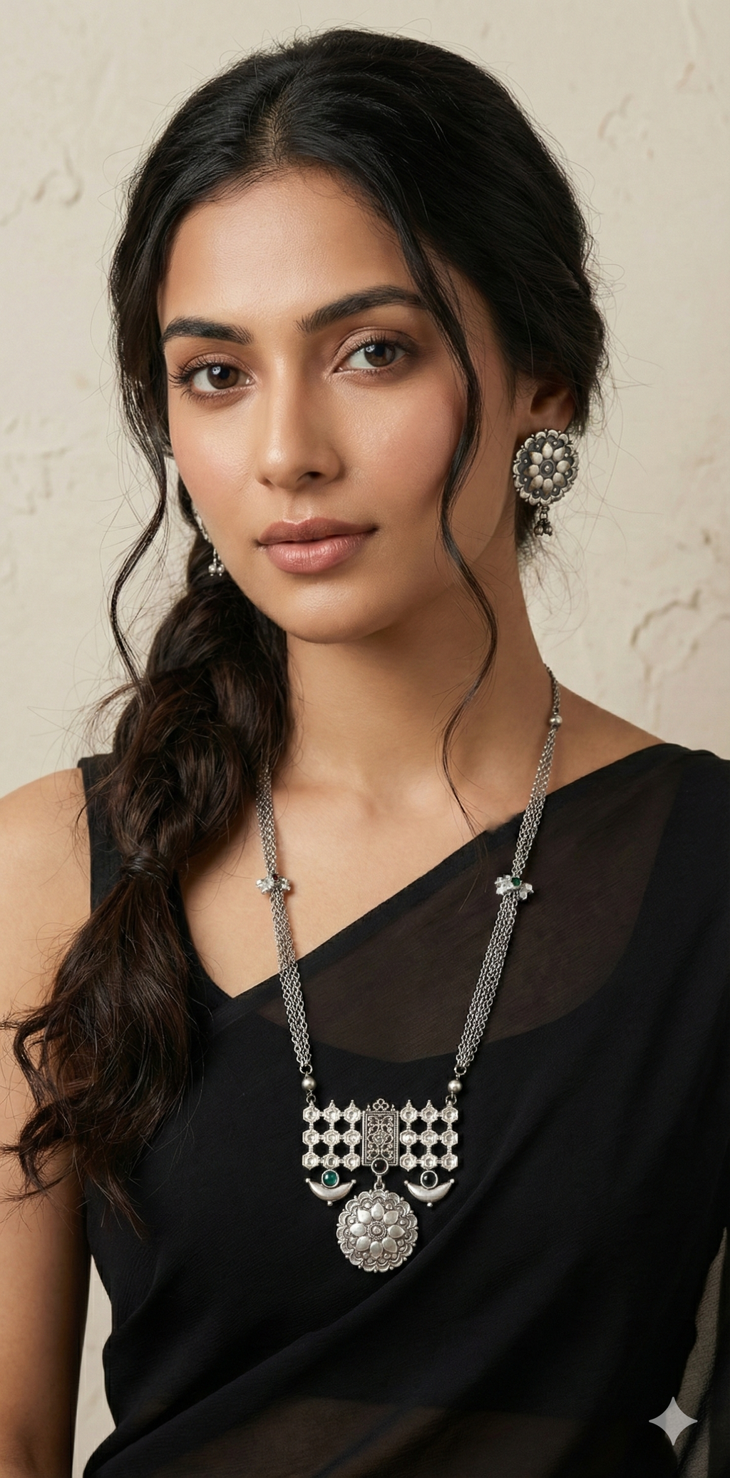Silver replica necklace and earring - with green stone