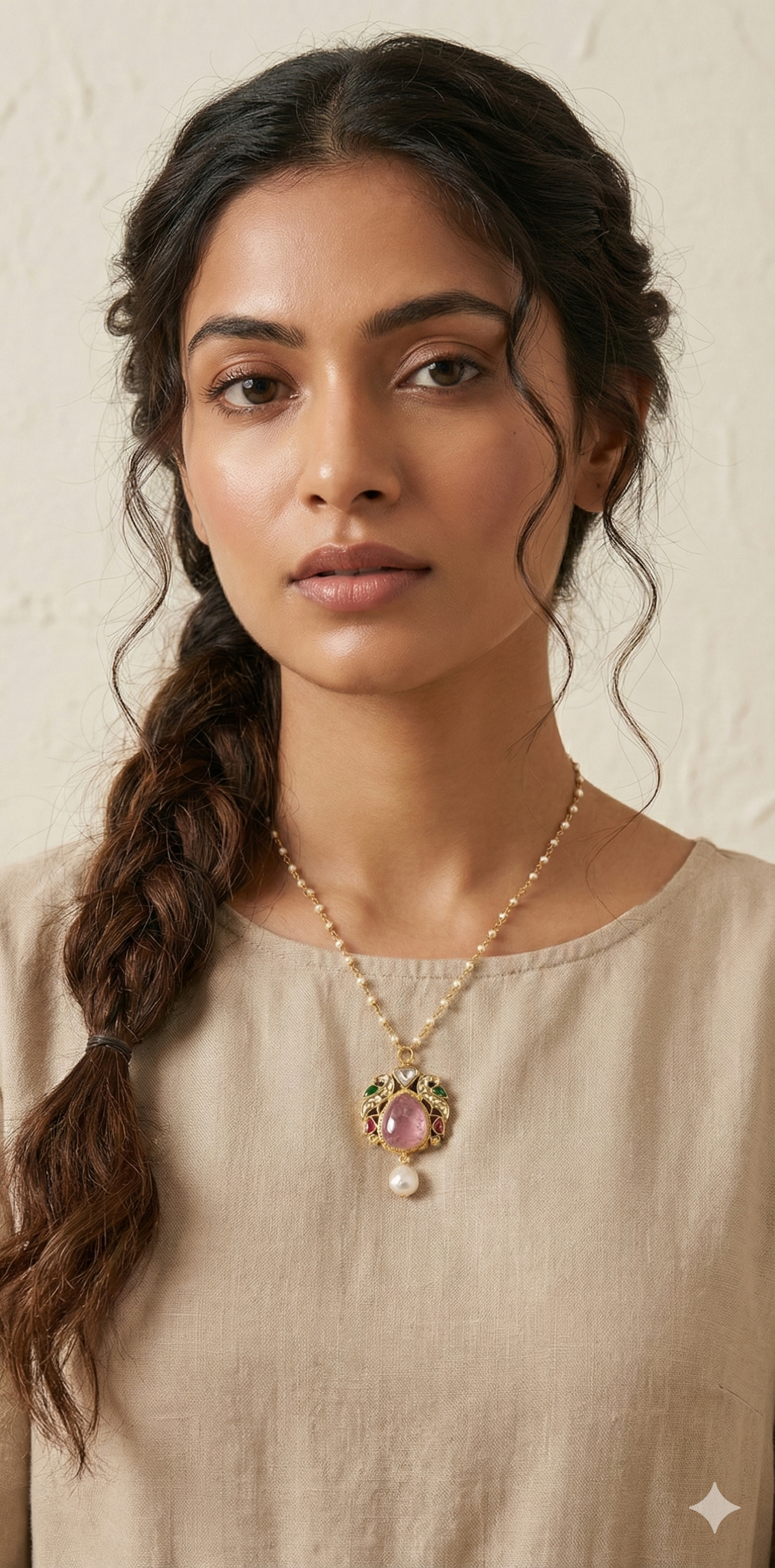 Jadu kundan stone snf light pink stone with pearl chain