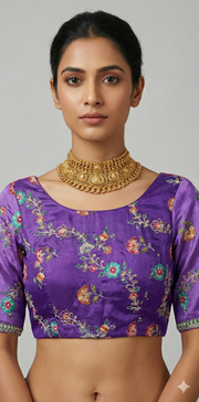 Purple blouse with multi color print and highlighted with threadwork