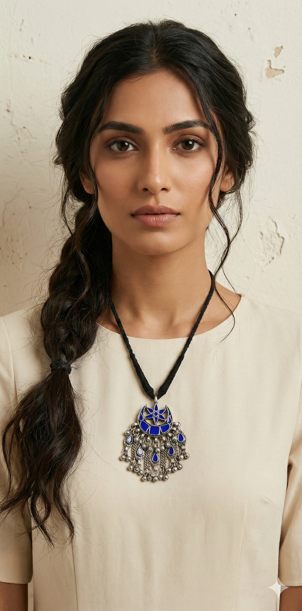 Indian Blue glass pendent with black thread