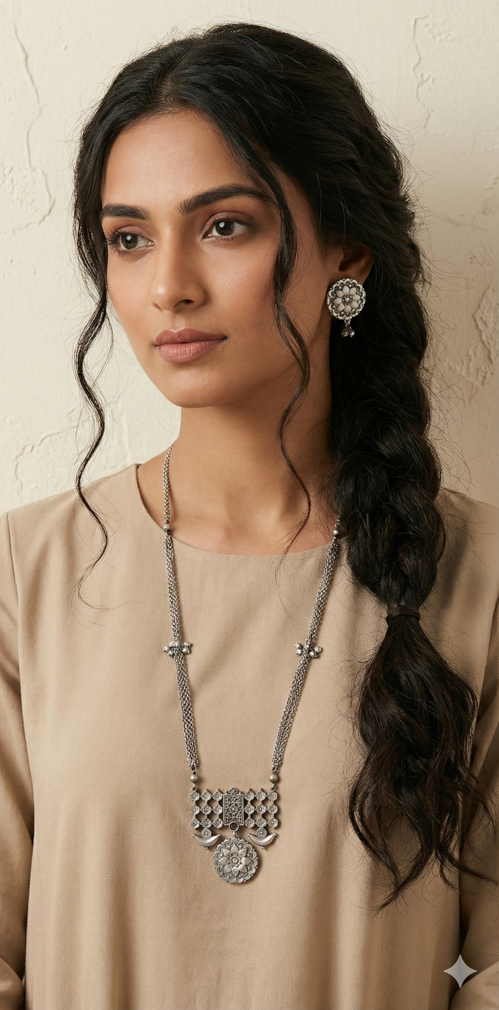Silver replica necklace and earring - with red stone