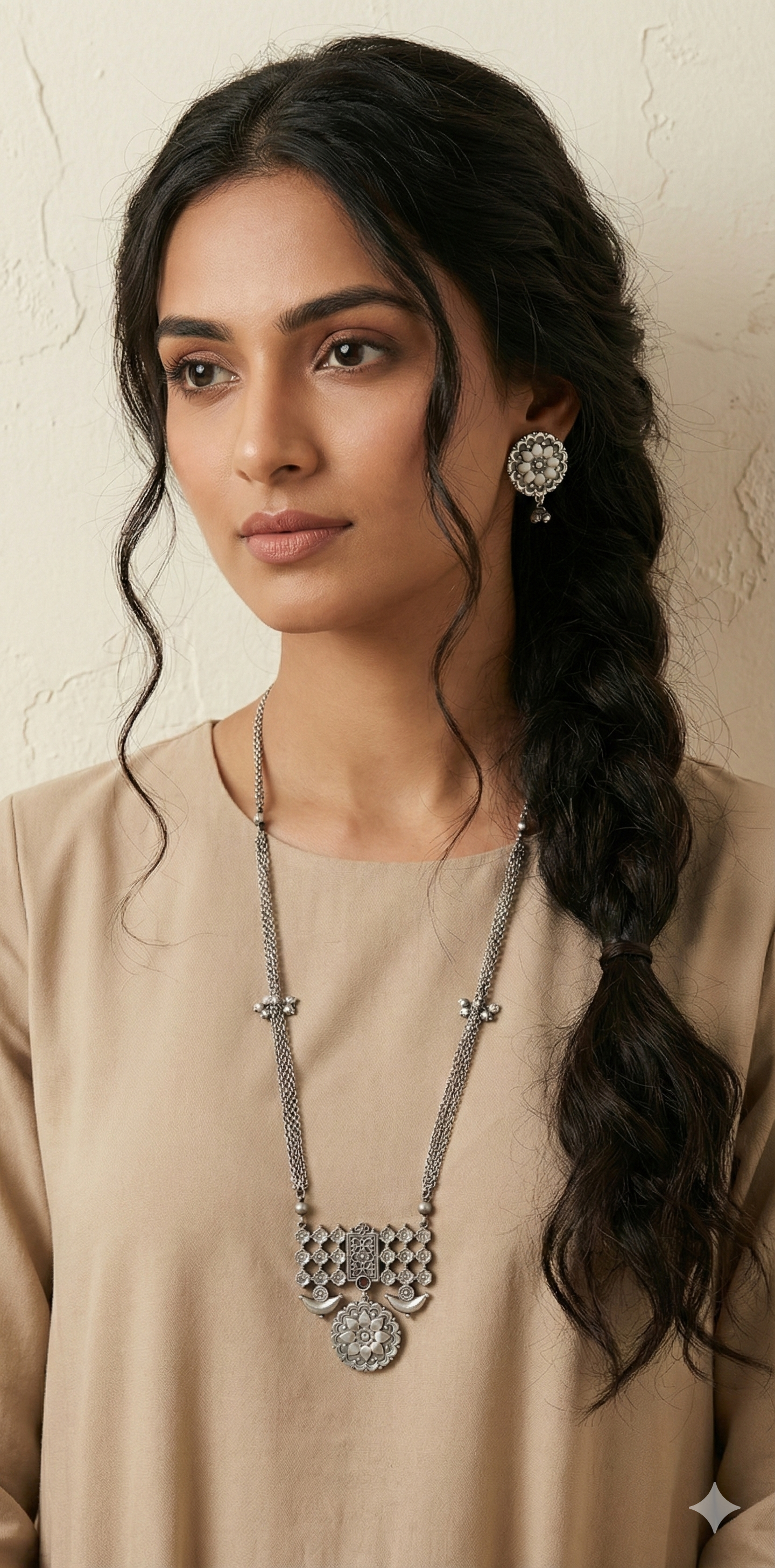 Silver replica necklace and earring - with red stone