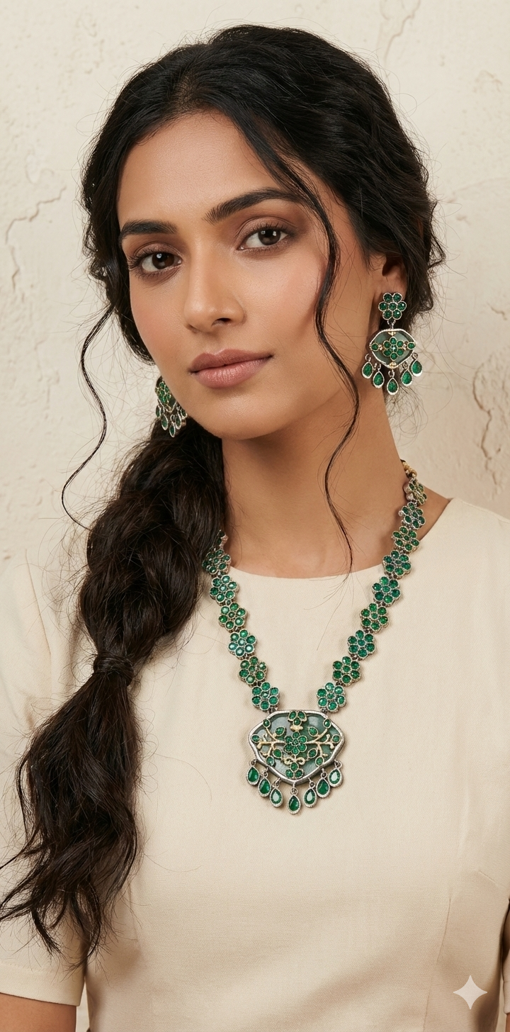 Green stone necklace with earring
