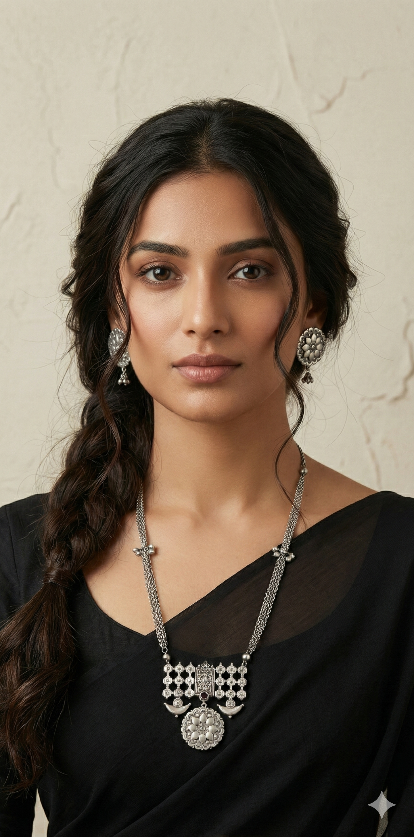 Silver replica necklace and earring - with red stone