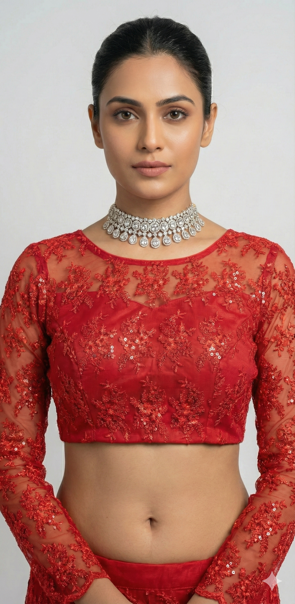 Red net full sleeve blouse