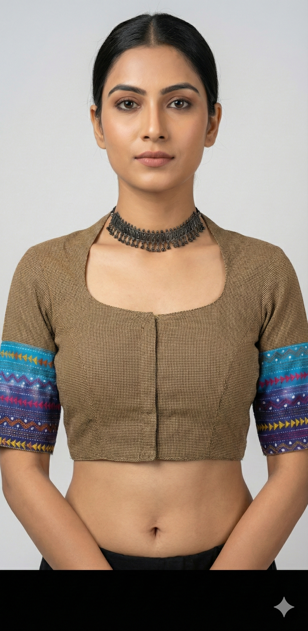 Ash brown cotton blouse with kantha work