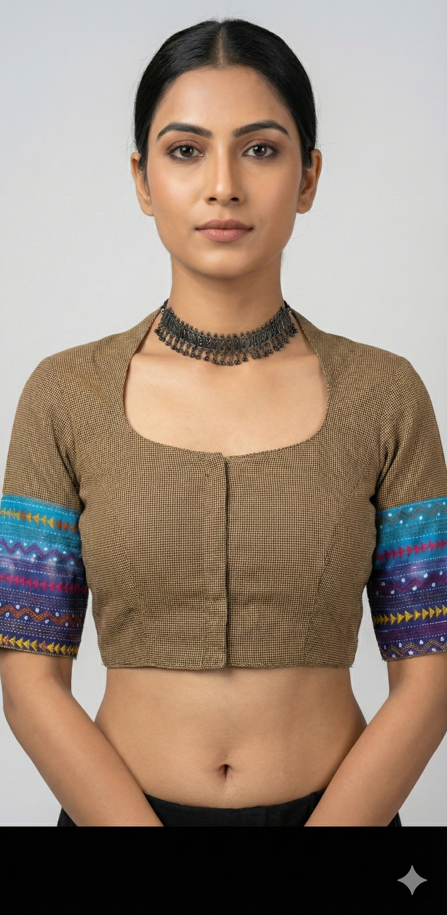 Ash brown cotton blouse with kantha work