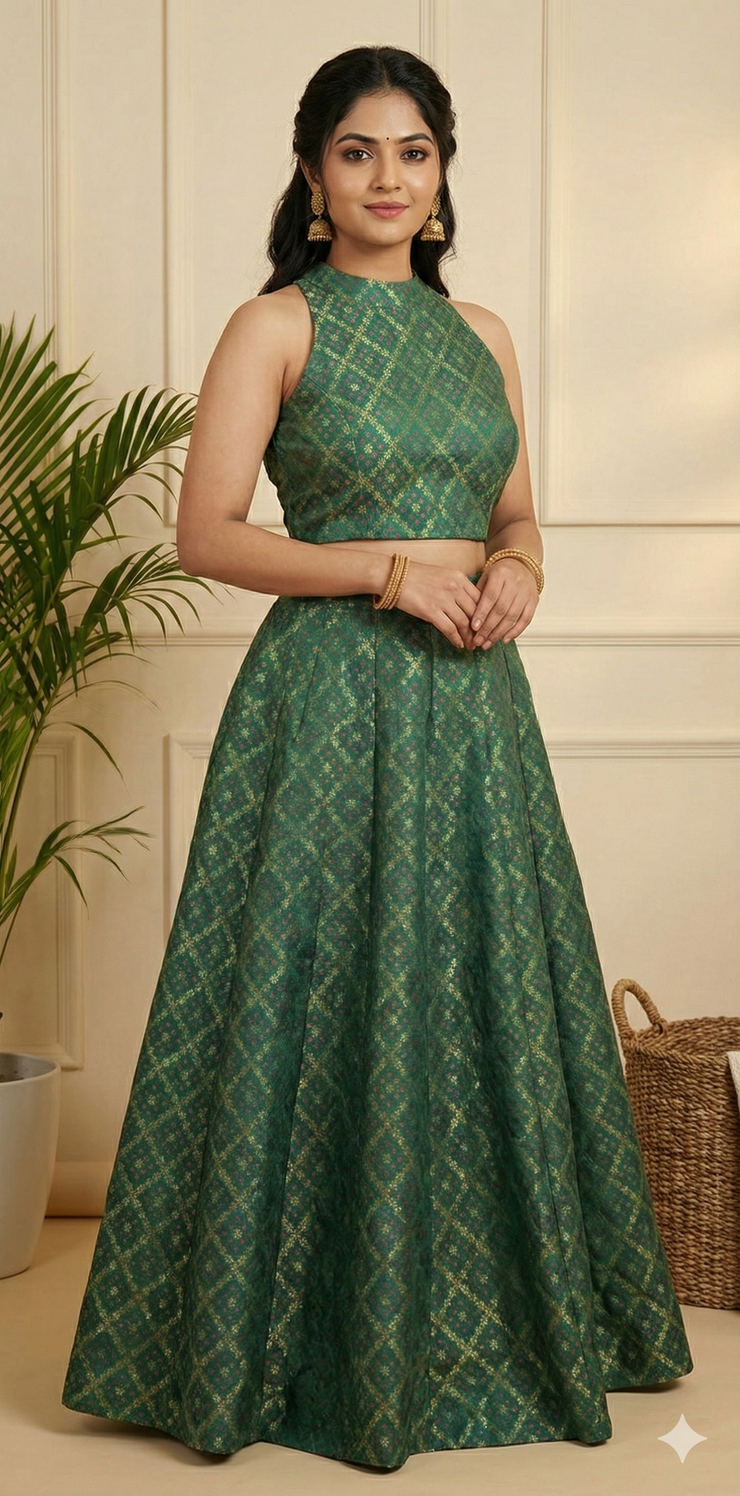 Green Banarsi skirt with crop top