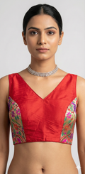 Red sleeve less paitani silk blouse