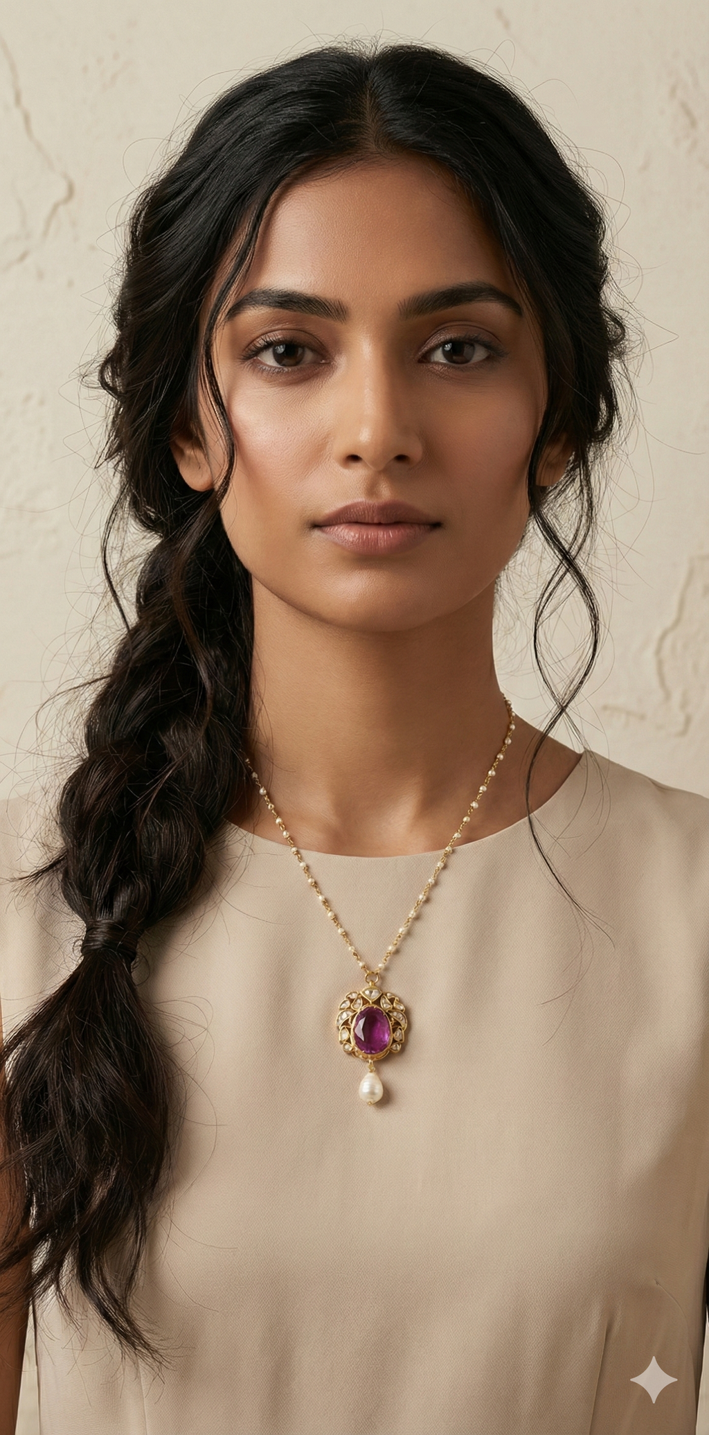 Jadu kundan stone snf purple stone with pearl chain