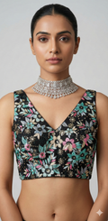 Black multi color floral embroidery sleeveless blouse