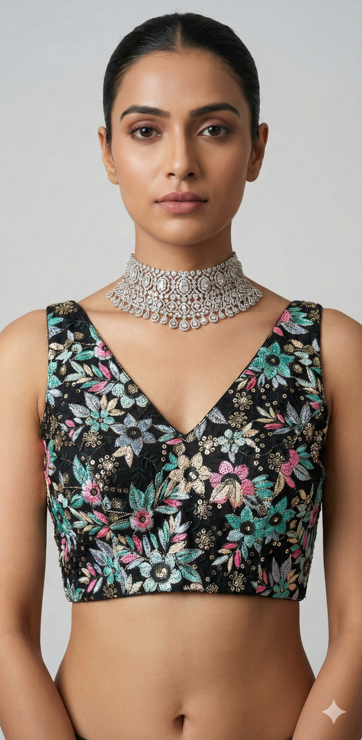 Black multi color floral embroidery sleeveless blouse