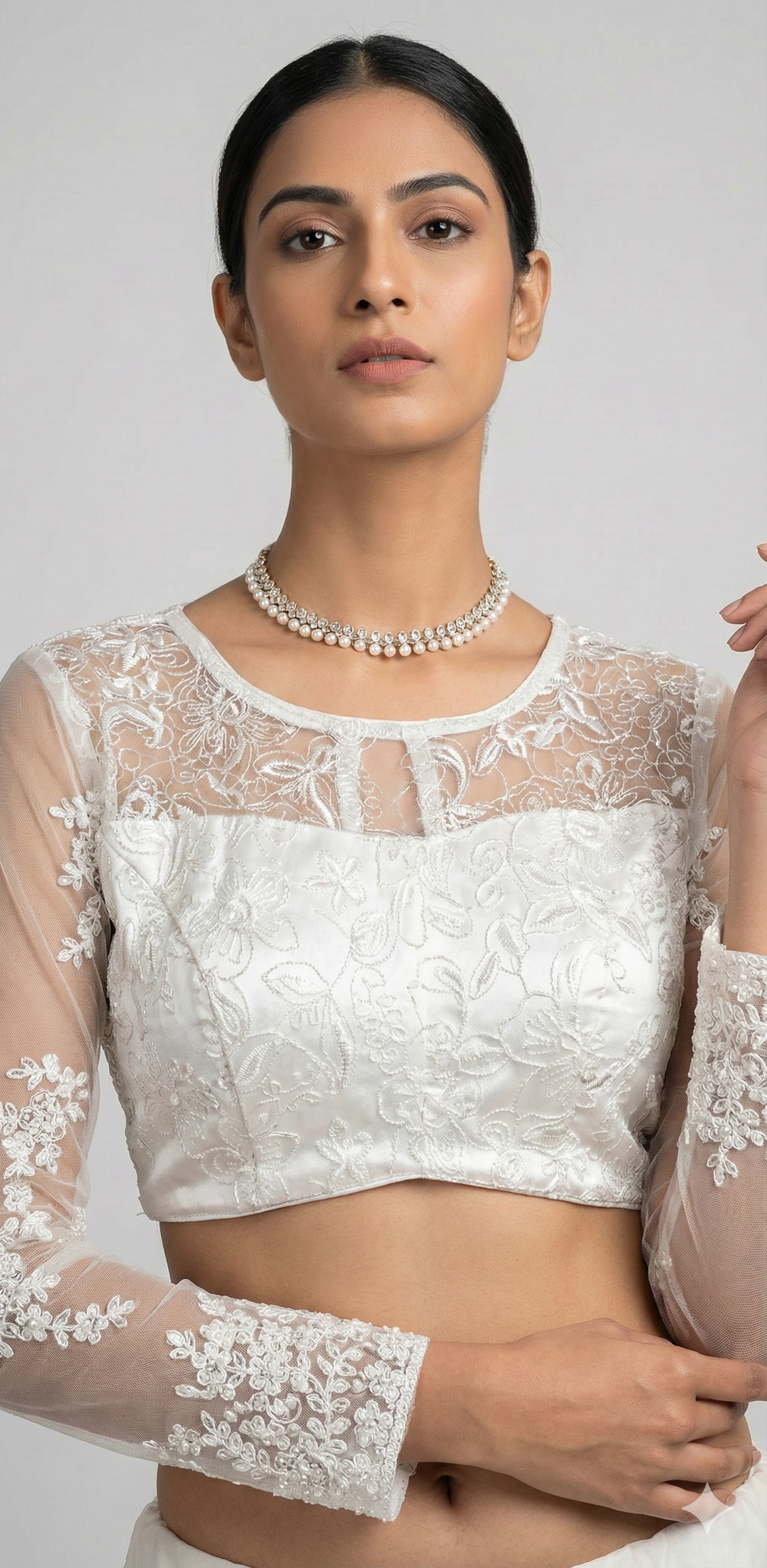 white net full sleeve blouse with stone work