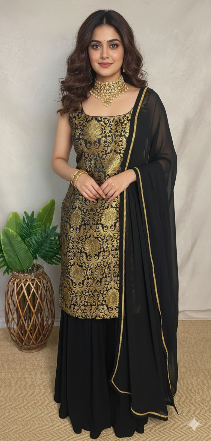 Black Banarsi brocade silk short kuti with palazzo
