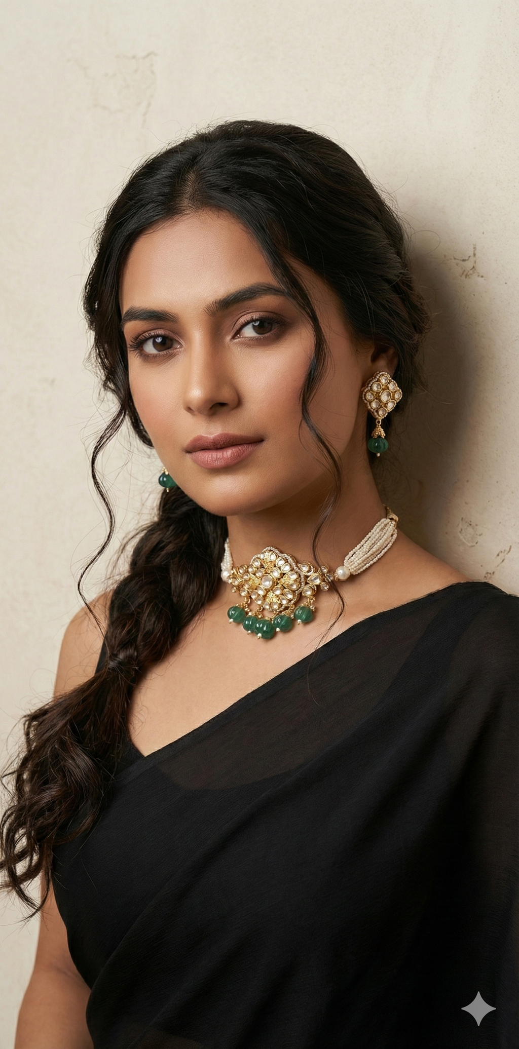 Choker with green and moissanite stone with studs