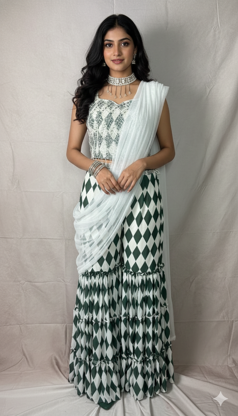 Olive green and off white gharah with emroidered top