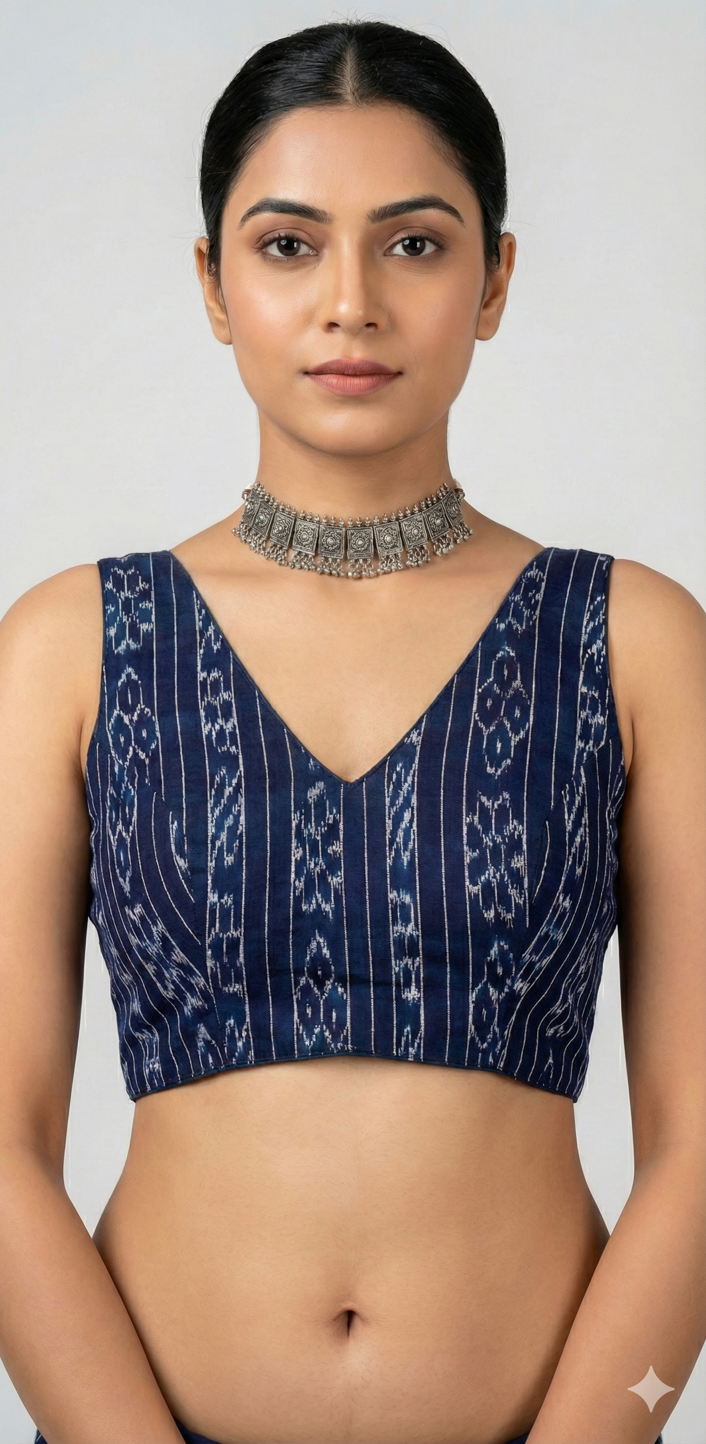 Black ikkat sleeveless blouse with back pattern