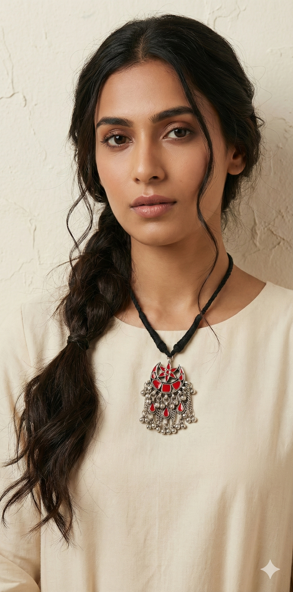 Indian red glass pendent with black thread