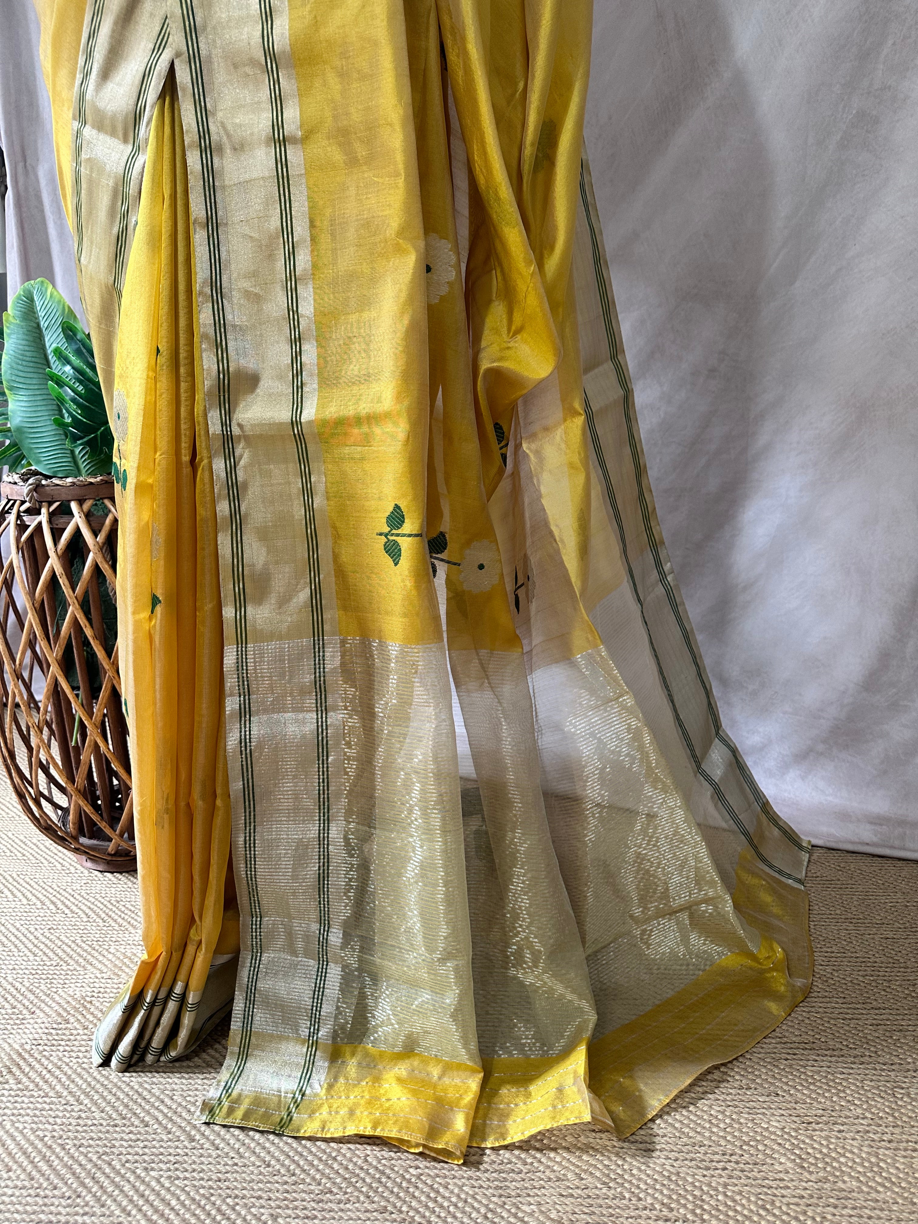 Yellow pure handloom chanderi silk saree with stitched blouse