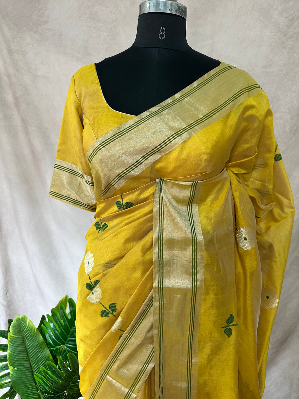 Yellow pure handloom chanderi silk saree with stitched blouse