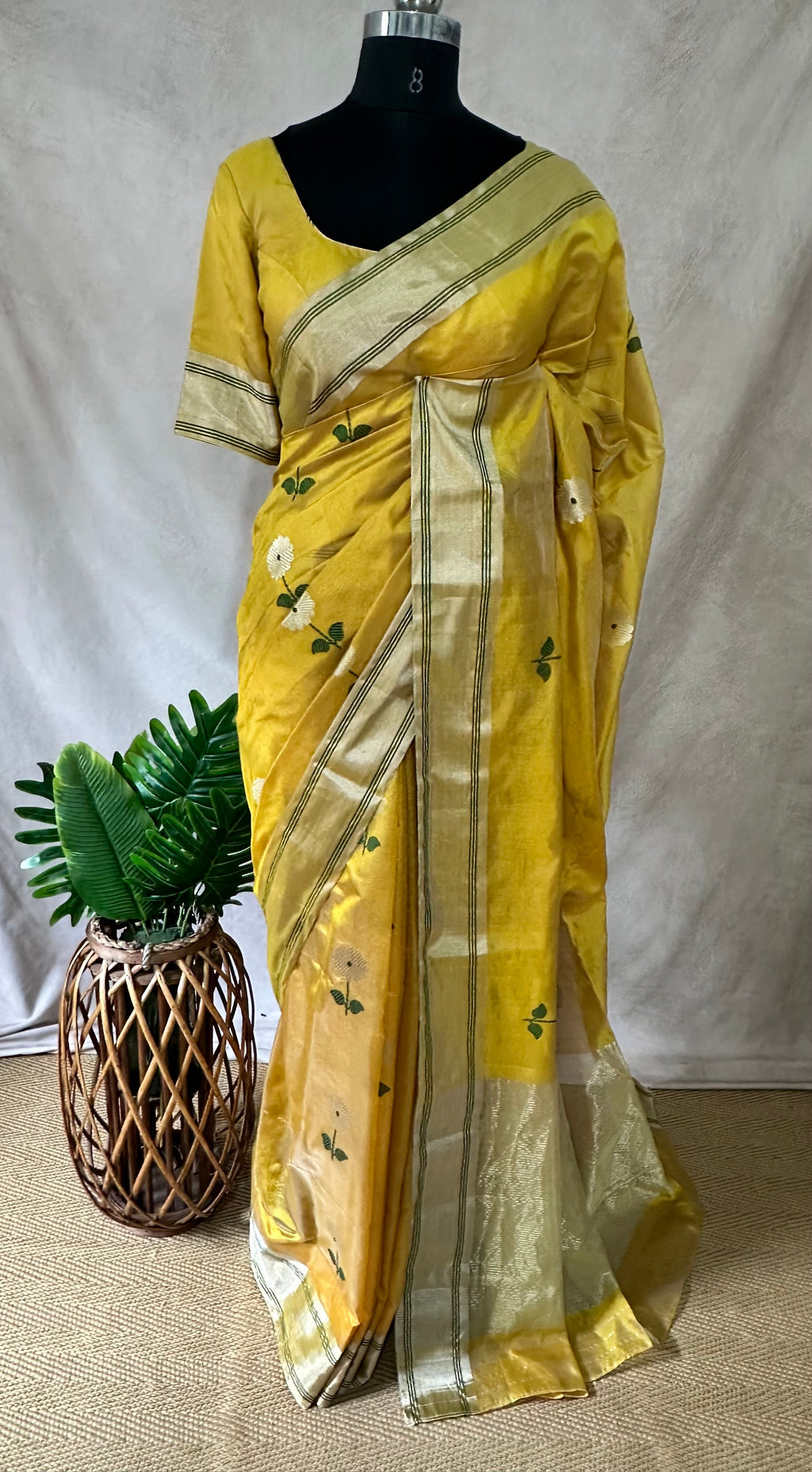 Yellow pure handloom chanderi silk saree with stitched blouse