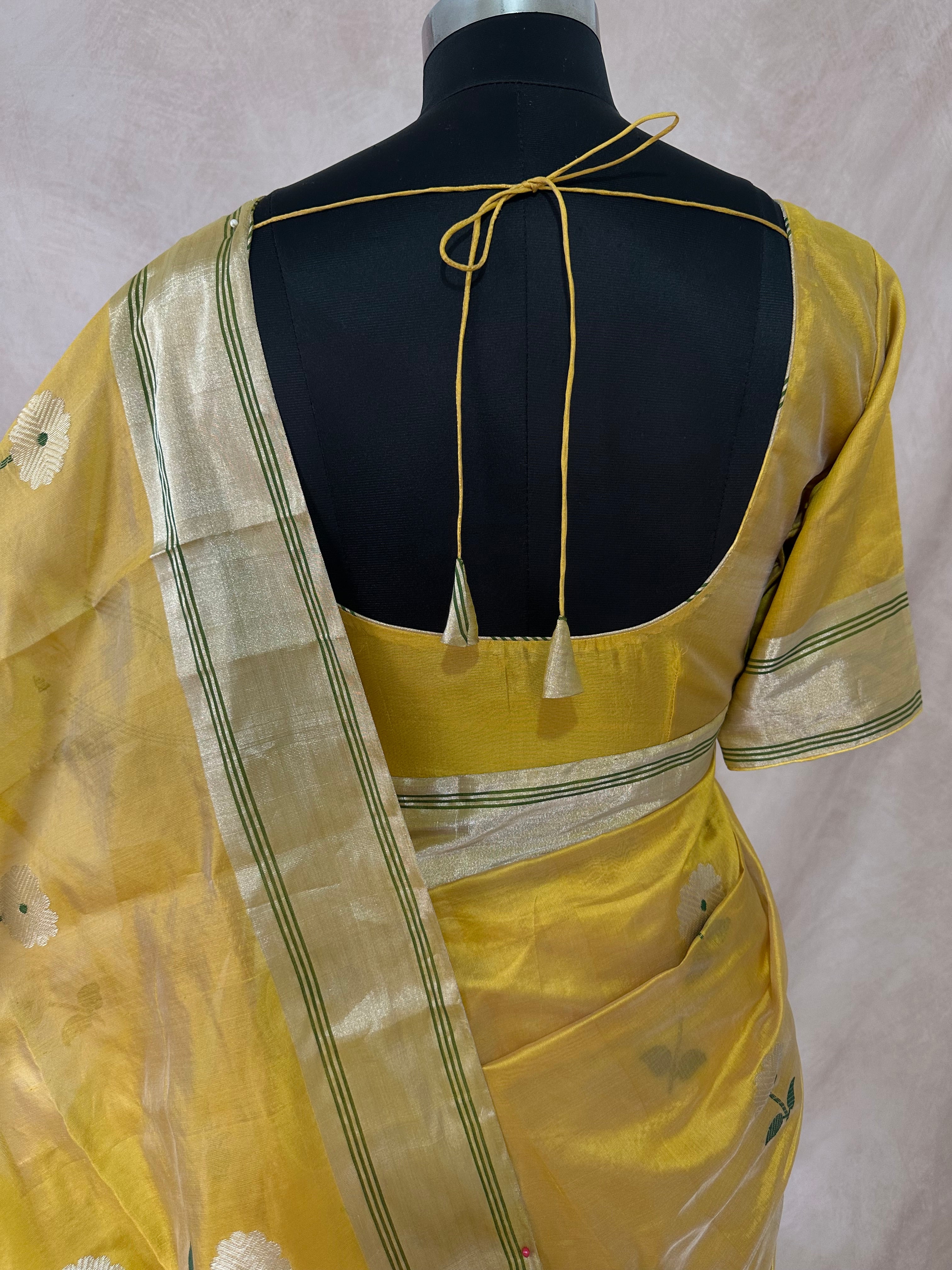 Yellow pure handloom chanderi silk saree with stitched blouse