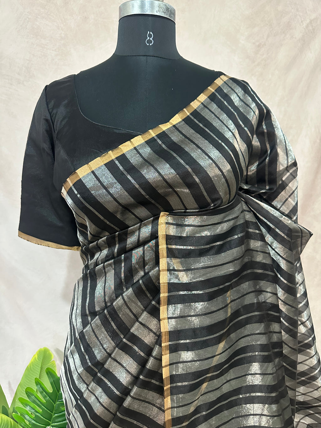 Black gold and silver chanderi silk saree stitched blouse
