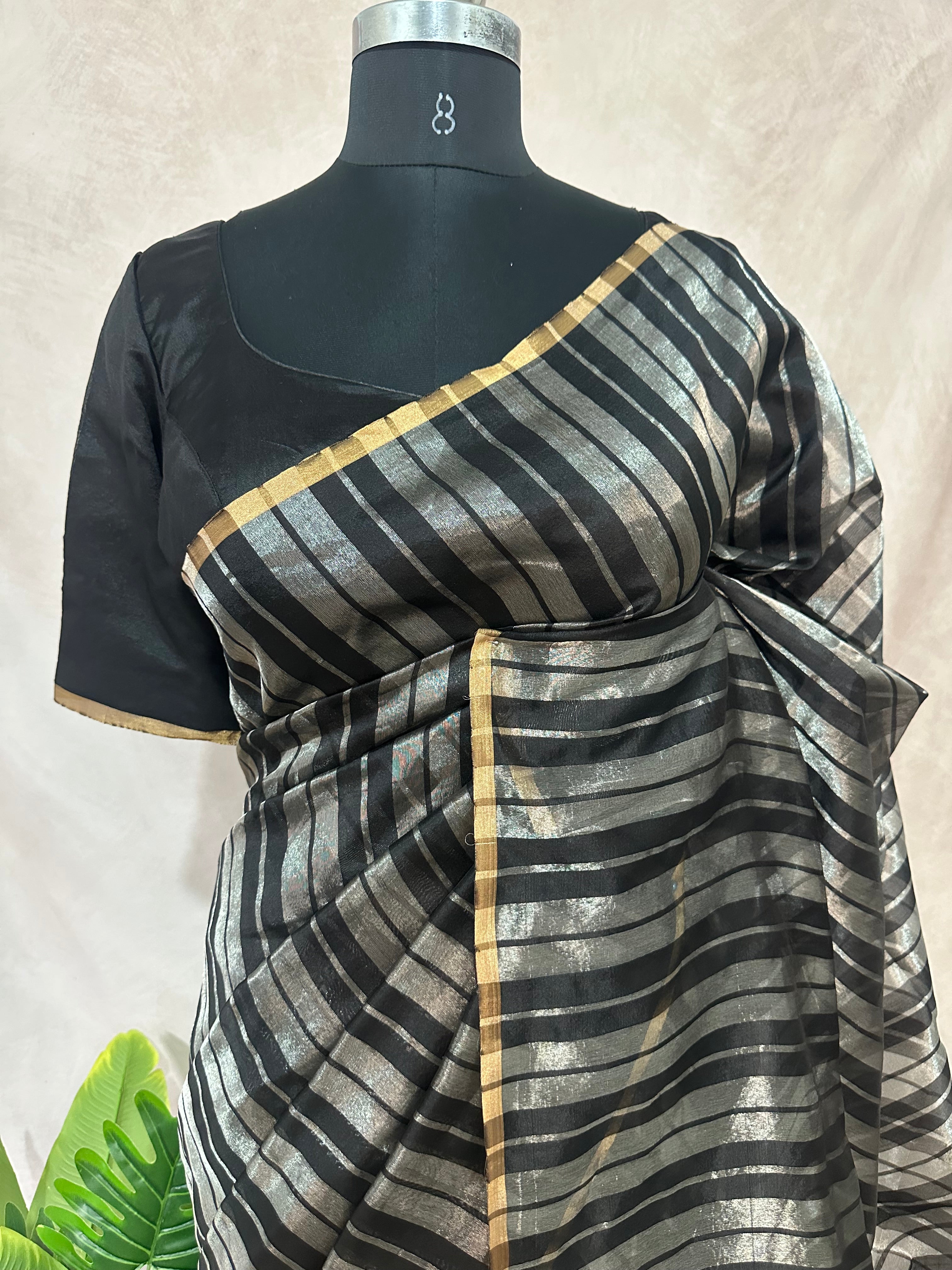 Black gold and silver chanderi silk saree stitched blouse