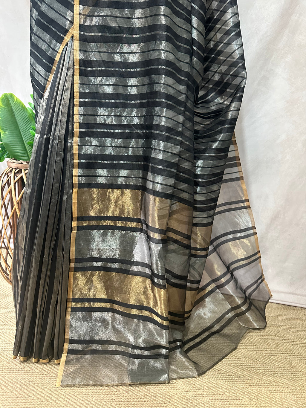 Black gold and silver chanderi silk saree stitched blouse