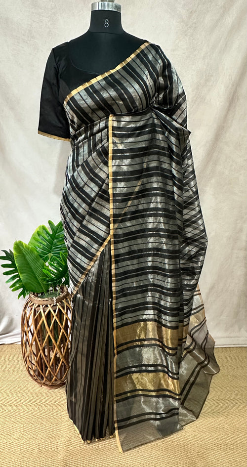 Black gold and silver chanderi silk saree stitched blouse