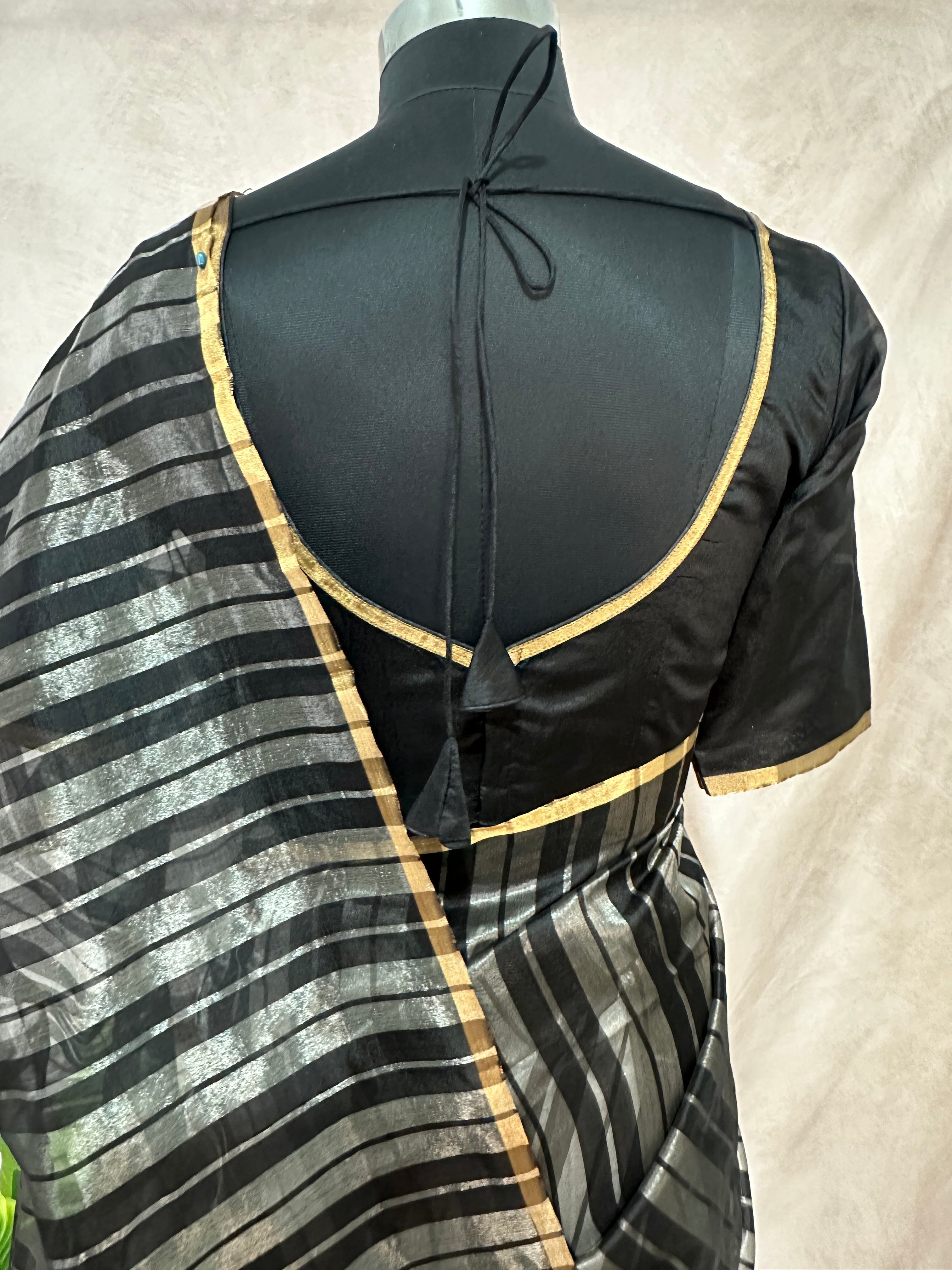 Black gold and silver chanderi silk saree stitched blouse