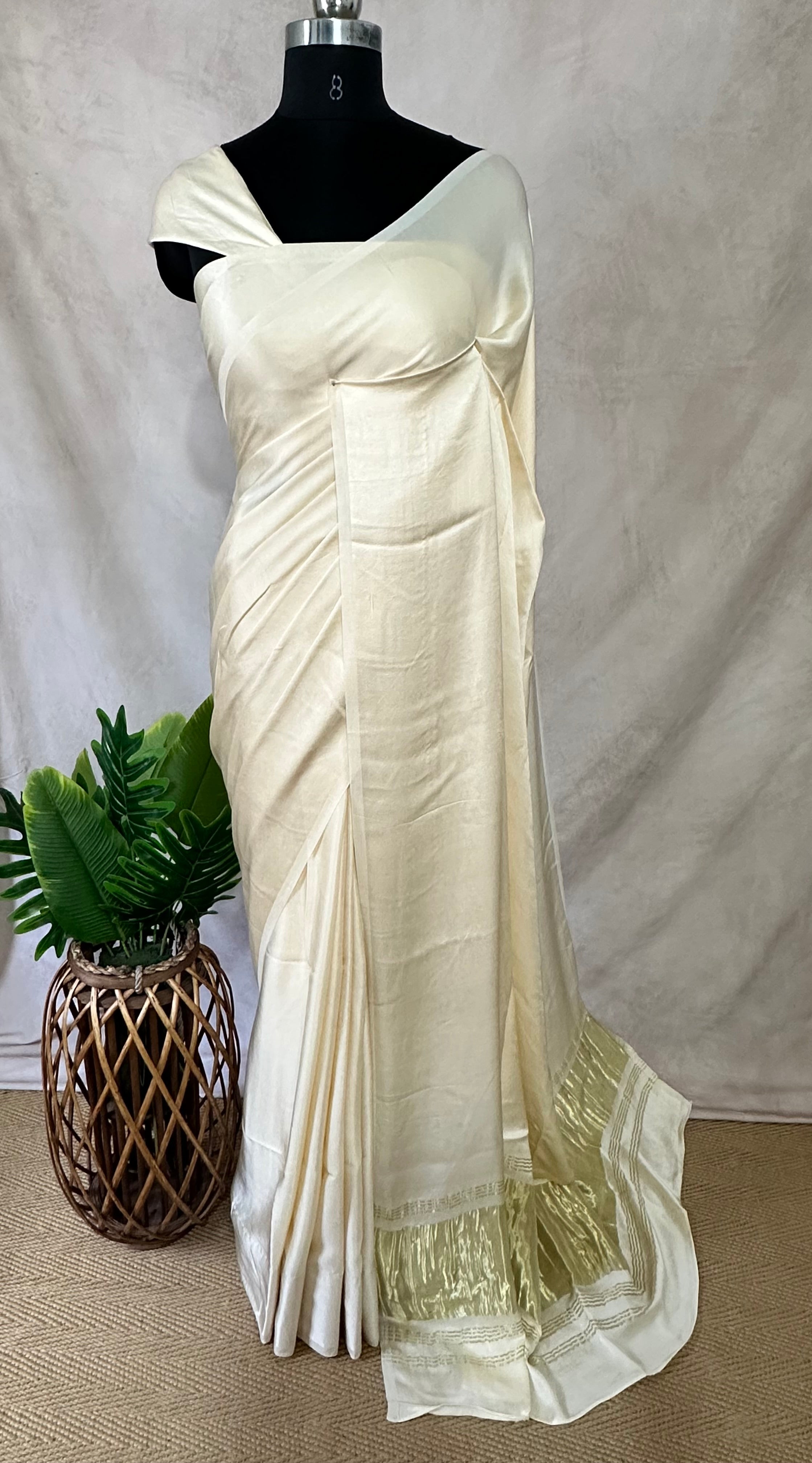 Off white gajji silk saree with lagda patti pallu