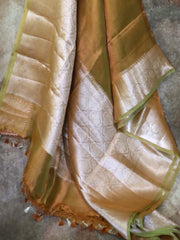 Orange double shade tissue saree with banarsi border, with stitched blouse
