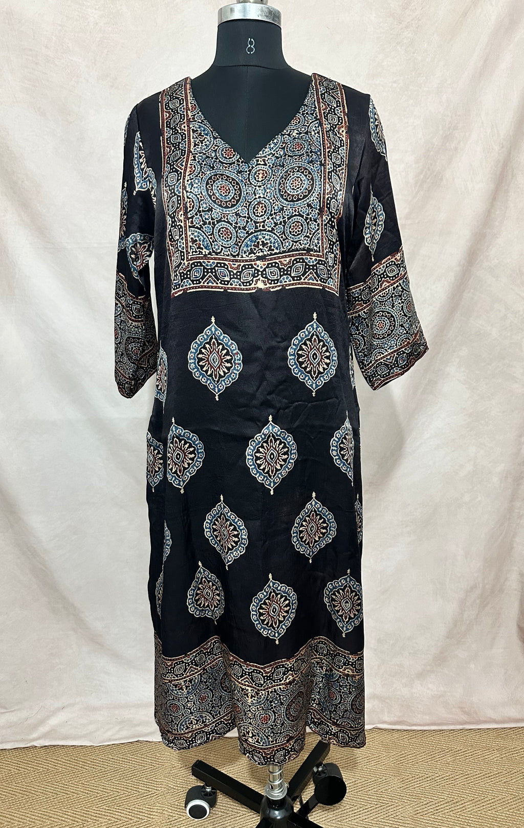 Black mashru silk kurti with ajrakh hand block print