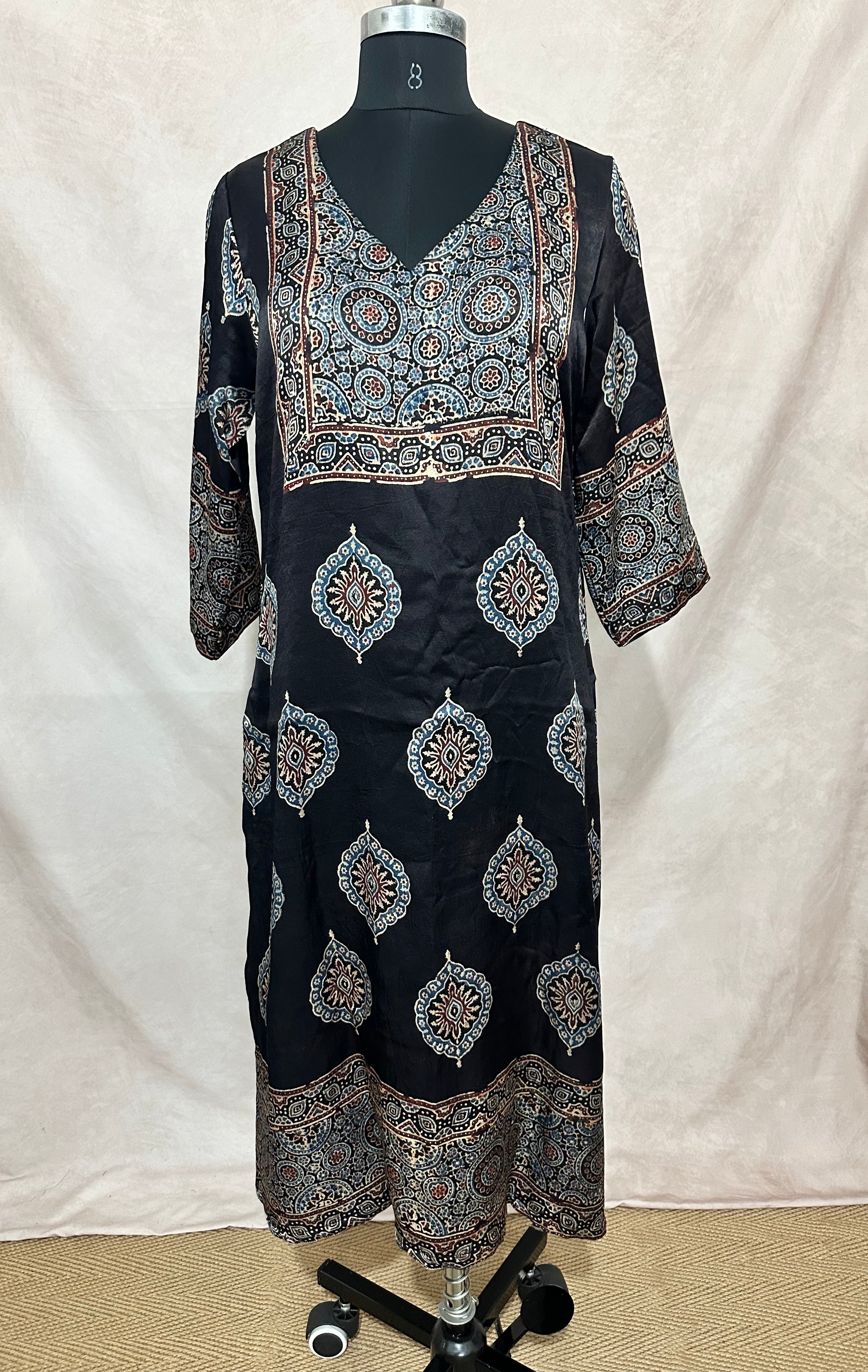 Black mashru silk kurti with ajrakh hand block print