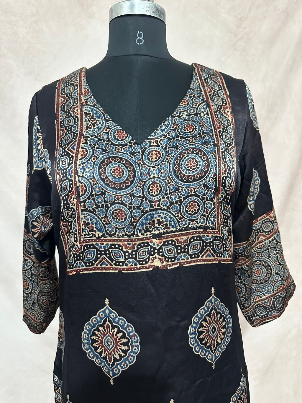 Black mashru silk kurti with ajrakh hand block print