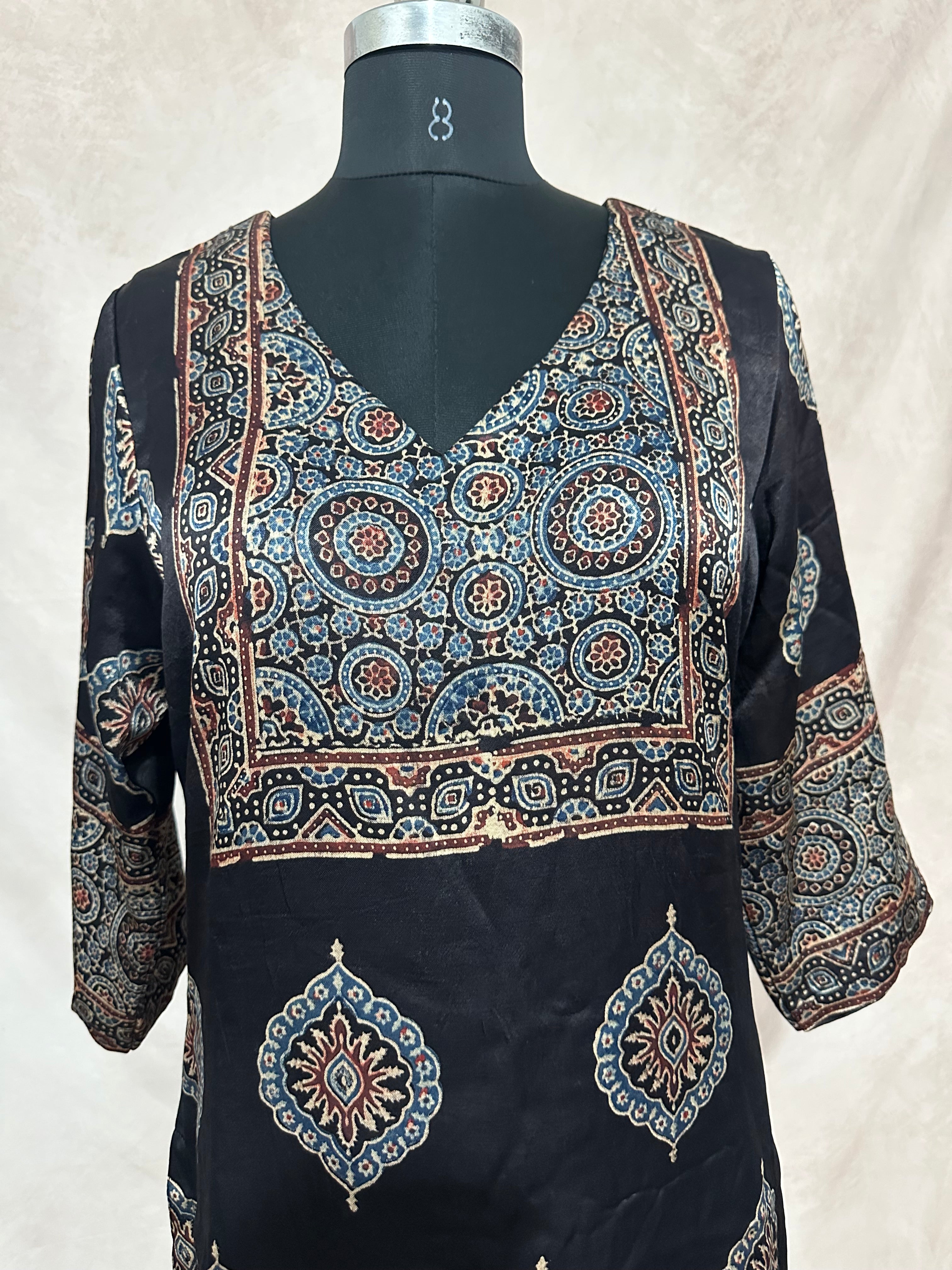 Black mashru silk kurti with ajrakh hand block print